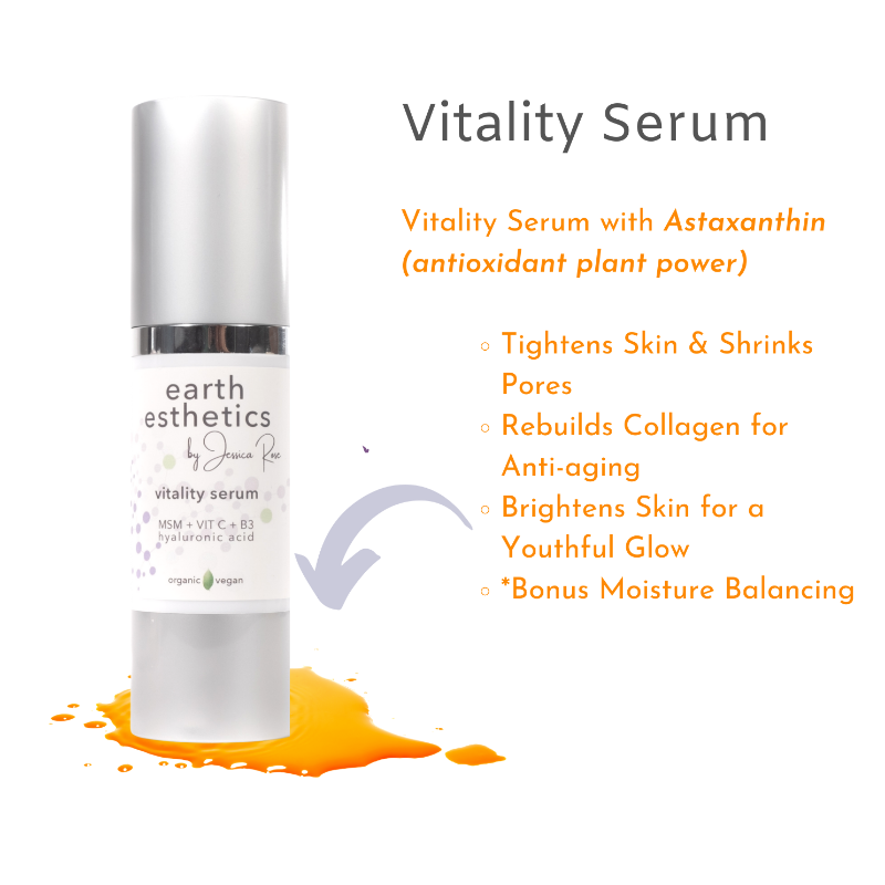 Earth Esthetics Vitality Serum bottle on a white background with promotional text and an orange liquid splash graphic. The bottle is silver and white with a clear cap, and the label reads 'earth esthetics by Jessica Fer' and 'vitality serum'.