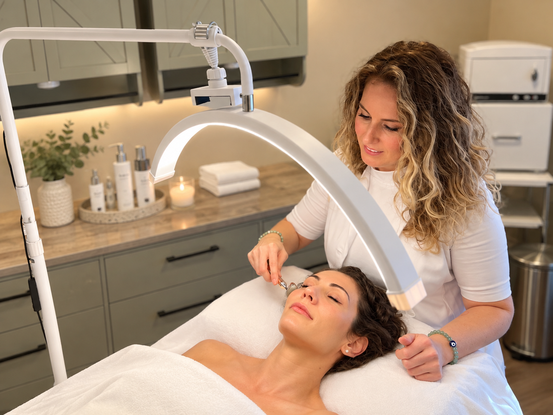 A beauty therapist works on a client's face over a white treatment bed in a spa or clinic, with a large white LED treatment lamp overhead and skincare products visible on a counter in the background.