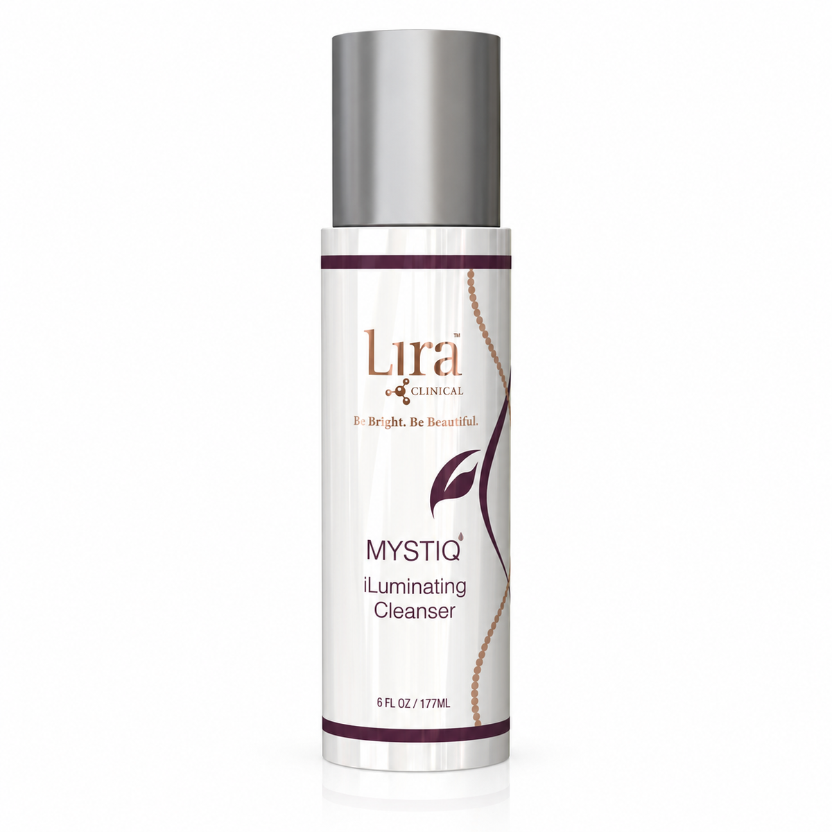 A 6 fl oz bottle of Lira & Clinical Mystiq Illuminating Cleanser, featuring a white bottle with a metallic silver cap and dark purple accents on the label.