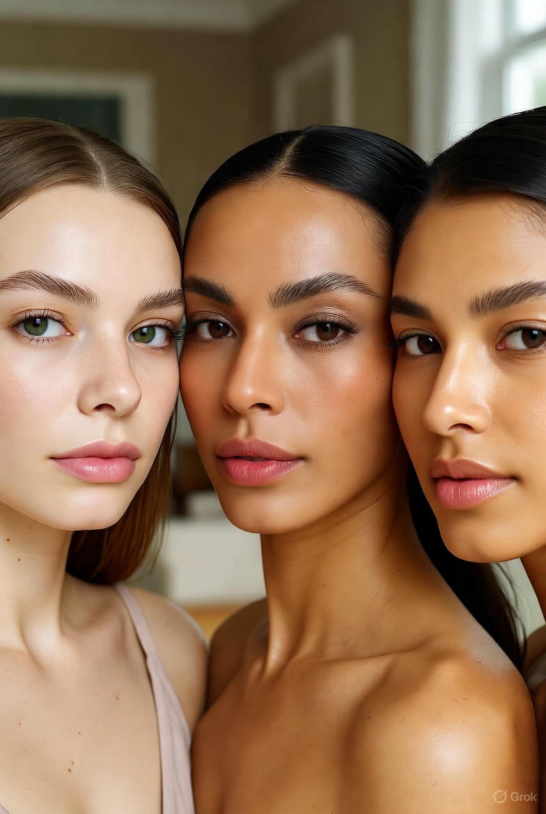 Three women with different skin tones standing close together.