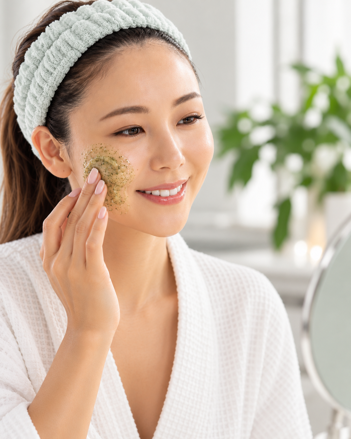 Woman applying an exfoliating facial treatment to her skin