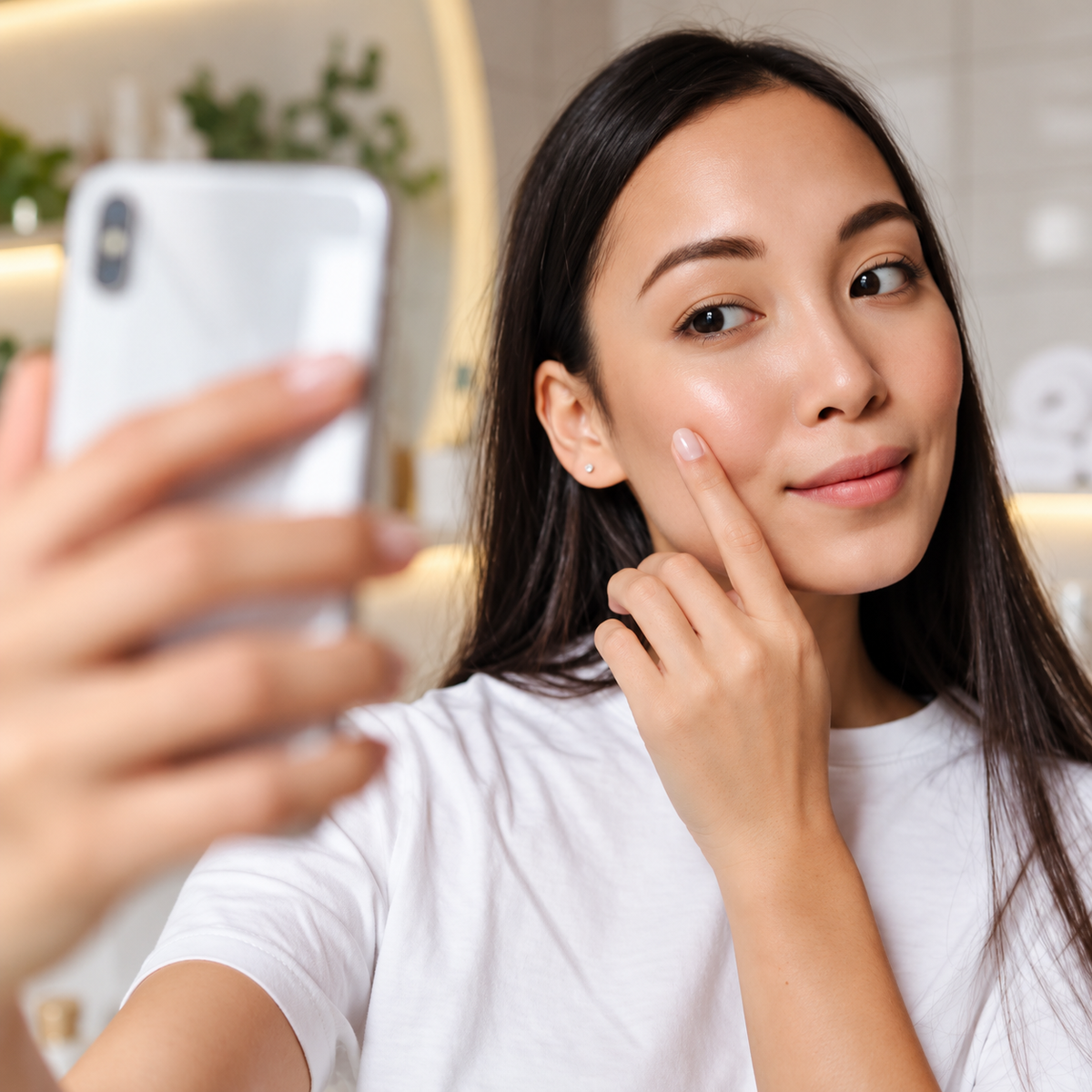 Woman admiring her glowing, healthy-looking skin in a mirror
