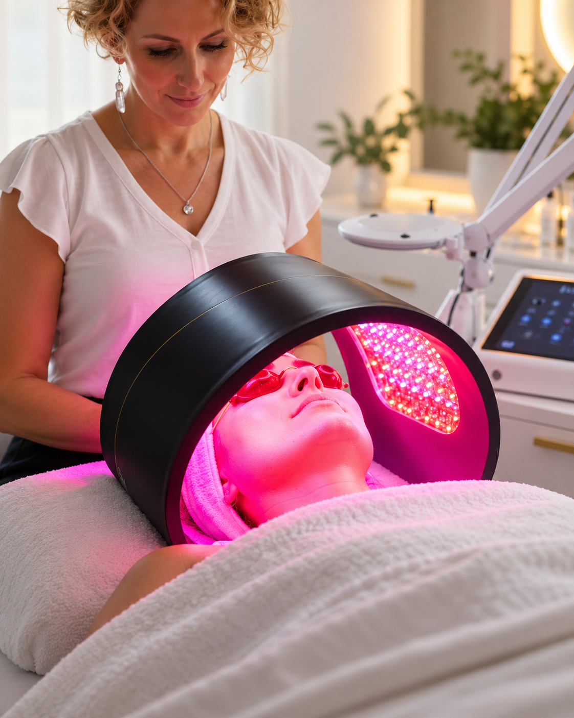 Client receiving LED light therapy during a professional facial treatment
