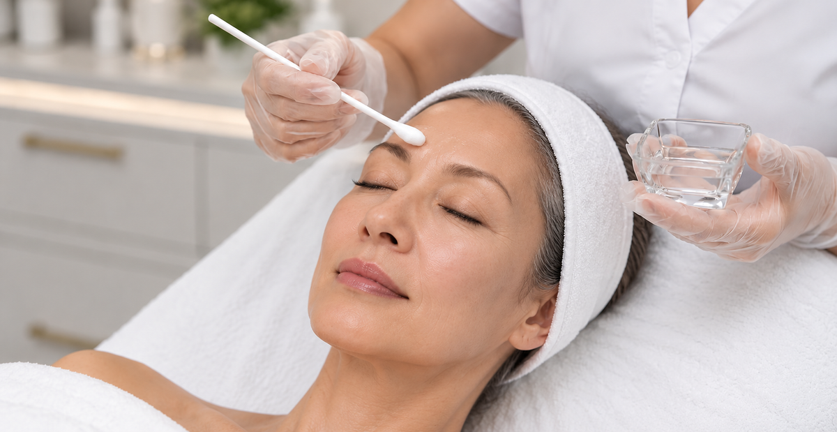 Mature Korean woman receiving a professional facial treatment in a skincare clinic