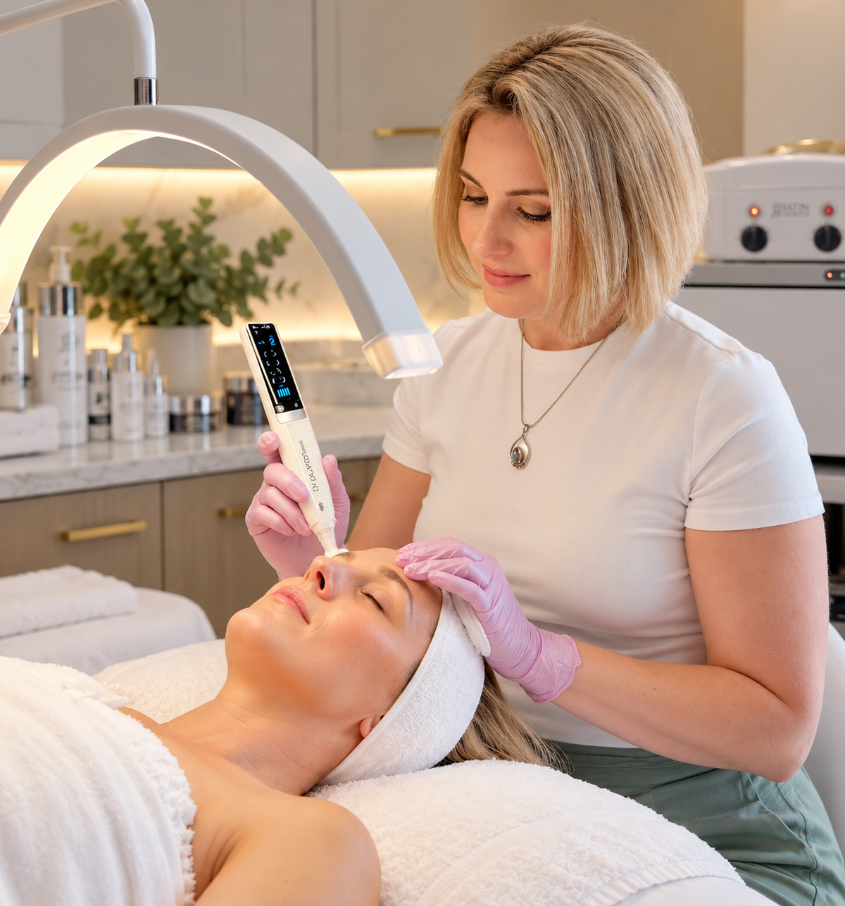 Esthetician using a professional skincare device during a facial treatment